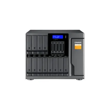 Unité d'extension de stockage tour QNAP TL-D1600S montrant la configuration hybride avec 12 baies HDD et 4 baies SSD frontales.