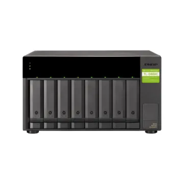 Unité de stockage tour 8 baies QNAP TL-D800C avec connectivité USB-C 10 Gbit/s et baies de disques amovibles.