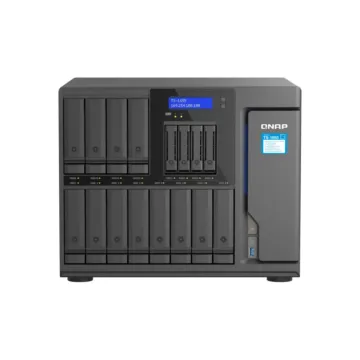 NAS tour QNAP TS-1655 avec façade 12 baies 3,5 pouces et 4 baies 2,5 pouces pour stockage hybride vue de face.
