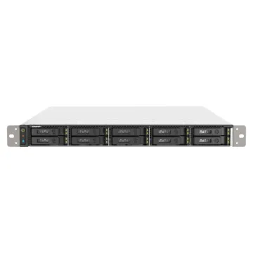 NAS QNAP TS-h1090FU vue avant, 10 baies U.2 NVMe ou SATA, format rack 1U, châssis tout-flash