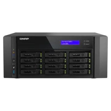 Serveur NAS All-Flash QNAP TS-h1277AFX avec 12 baies SSD frontales et design professionnel tour.