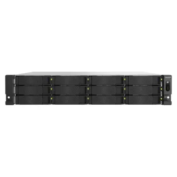 Serveur NAS rackable QNAP TS-h1277AXU-RP avec 12 baies frontales et architecture AMD Ryzen 7 vue de face.