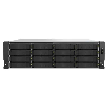 Serveur NAS rackable 3U QNAP TS-h1677AXU-RP avec 16 baies de stockage frontales et architecture AMD Ryzen 7000.