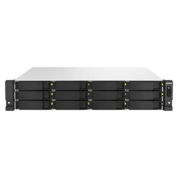 Vue avant du serveur NAS hybride 18 baies QNAP TS-h1887XU-RP montrant la configuration 12 baies HDD et 6 baies SSD.