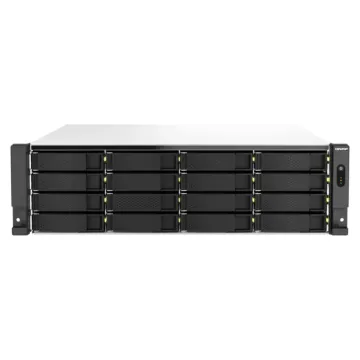 Façade avant du serveur NAS rack 3U QNAP TS-h2287XU-RP présentant les 16 baies de stockage principales pour disques durs 3,5 pouces.