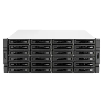 Façade avant du serveur NAS rack 4U QNAP TS-h3087XU-RP présentant les 24 baies de stockage principales pour disques durs 3,5 pouces.