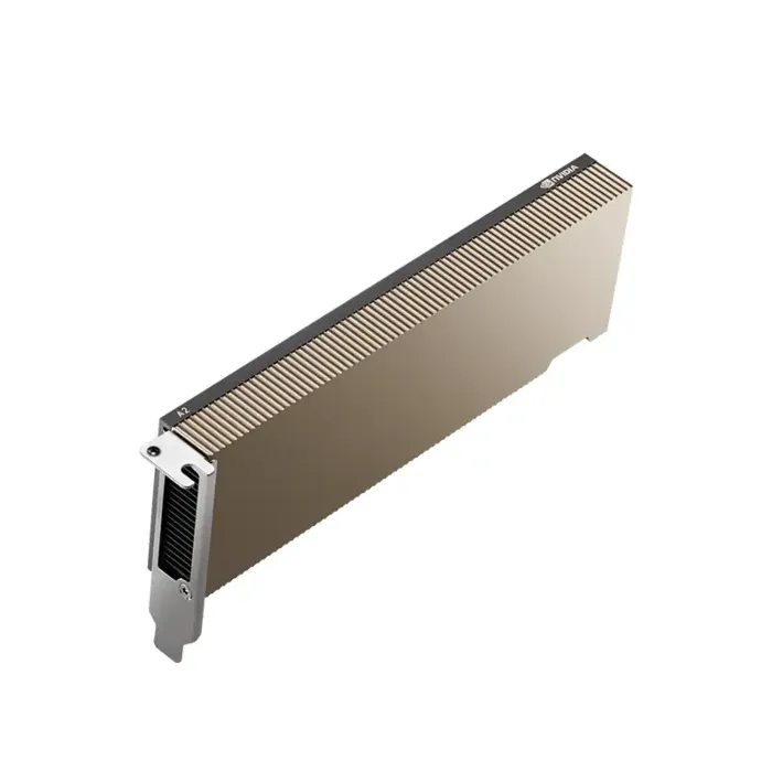 PNY NVIDIA A2 - Vue 3/4 haute gauche, dissipateur thermique doré et profil bas PNY NVIDIA A2 - Vue 3/4 haute gauche, dissipateur thermique doré et profil bas