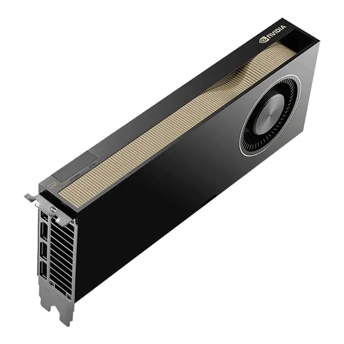 Vue isométrique de la NVIDIA RTX PRO 6000 Max-Q Blackwell avec design ventilateur radial et 4 ports DisplayPort Vue isométrique de la NVIDIA RTX PRO 6000 Max-Q Blackwell avec design ventilateur radial et 4 ports DisplayPort