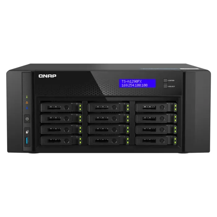 Face avant du NAS QNAP TS-h1290FX-7302P-256G avec 12 baies U.2 NVMe Gen 4