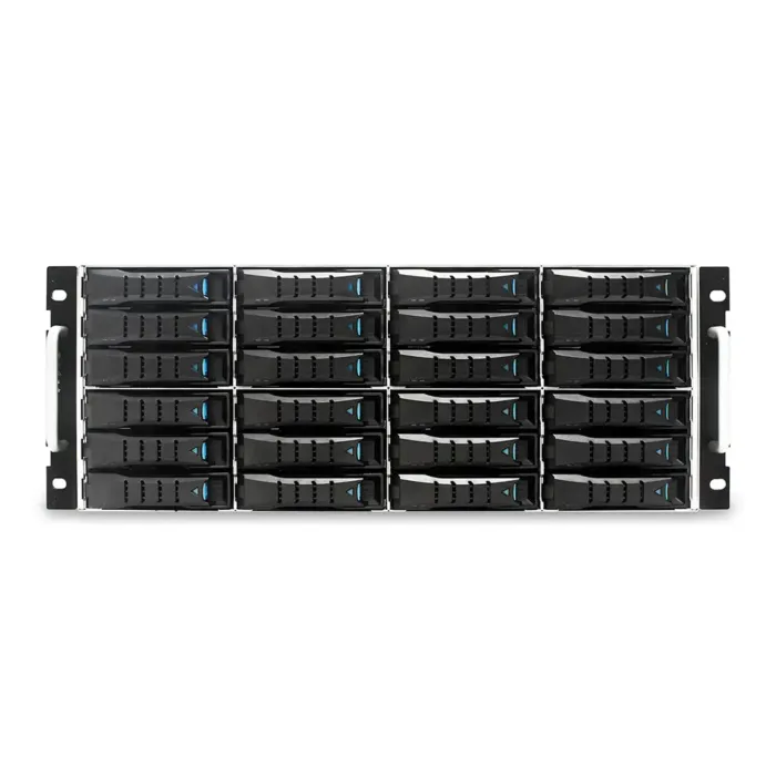 Vue avant du châssis JBOD AIC XJ1-40244-05 avec 24 baies 3.5" hot-swap montées en rack 4U Vue avant du châssis JBOD AIC XJ1-40244-05 avec 24 baies 3.5" hot-swap montées en rack 4U