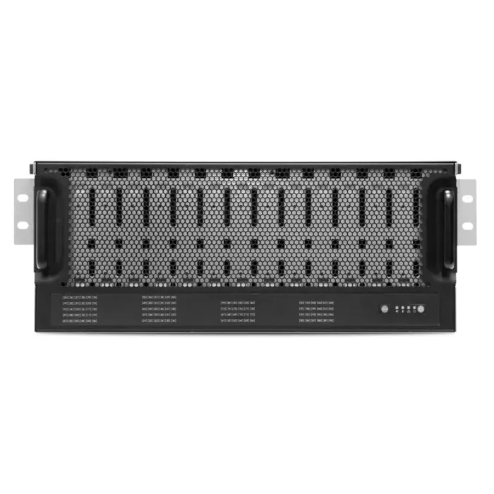 Vue avant du châssis JBOD AIC XJ1-41081-05 avec 108 baies 3.5" hot-swap au format rack 4U Vue avant du châssis JBOD AIC XJ1-41081-05 avec 108 baies 3.5" hot-swap au format rack 4U