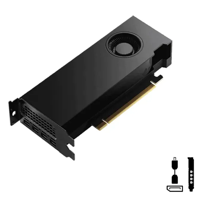Vue diagonale de la RTX 4000 SFF Ada avec connecteurs mini DisplayPort et câble adaptateur en surimpression