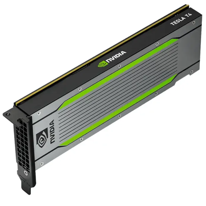 NVIDIA T4 vue en perspective, design low-profile passif avec dissipateur gris et liseré vert
NVIDIA T4 vue en perspective, design low-profile passif avec dissipateur gris et liseré vert