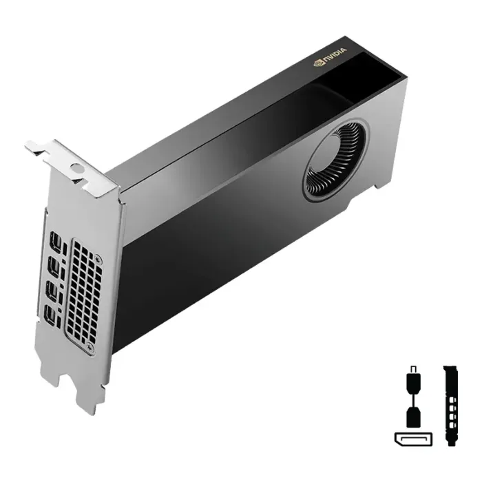 PNY NVIDIA RTX 2000 Ada 16 Go vue avant gauche avec connecteurs mini DisplayPort et étiquette NVIDIA