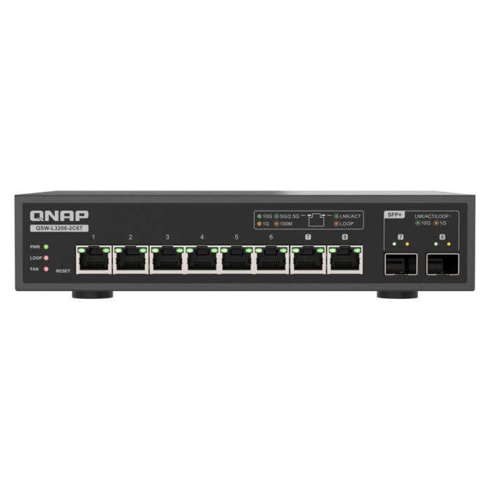 Switch QNAP QSW-L3208-2C6T avec 6 ports RJ45 et 2 combo SFP+, 10GbE Switch QNAP QSW-L3208-2C6T avec 6 ports RJ45 et 2 combo SFP+, 10GbE
