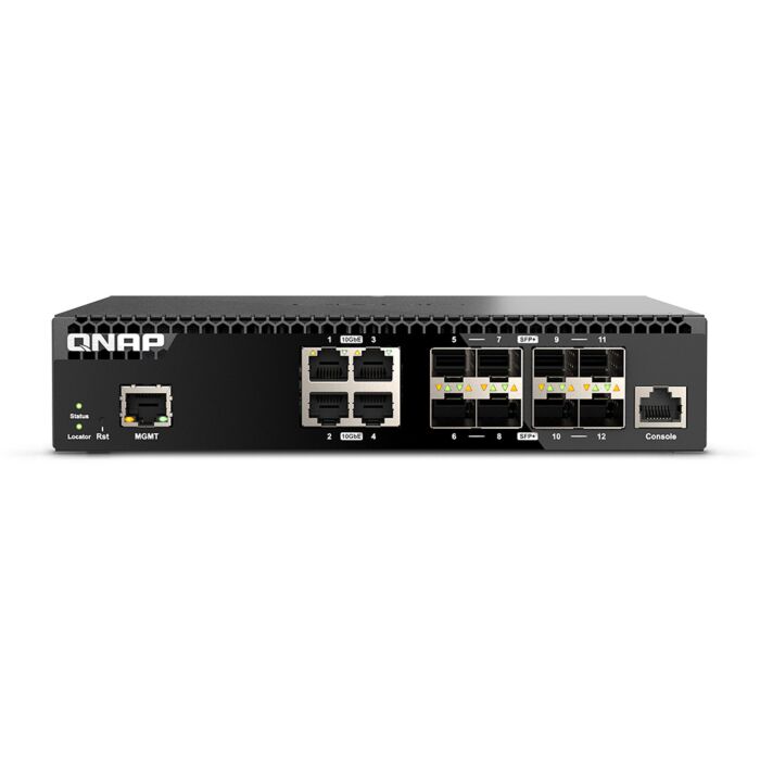 Switch QNAP QSW-M3212R-8S4T avec 12 ports 10GbE, 8 SFP+, 4 RJ45, rackable 1U, interface Web et ventilation intelligente Switch QNAP QSW-M3212R-8S4T avec 12 ports 10GbE, 8 SFP+, 4 RJ45, rackable 1U, interface Web et ventilation intelligente