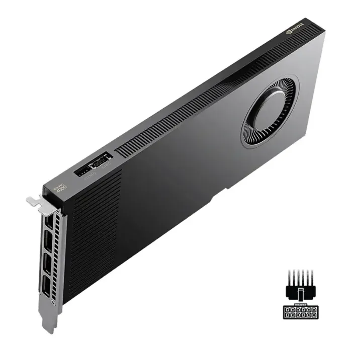 Vue en perspective haute de la carte graphique PNY NVIDIA RTX PRO 4000 Blackwell avec connecteur d’alimentation PCIe Gen5 visible Vue en perspective haute de la carte graphique PNY NVIDIA RTX PRO 4000 Blackwell avec connecteur d’alimentation PCIe Gen5 visible