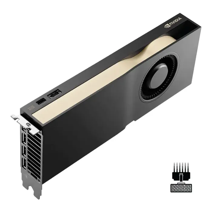 Vue 3/4 supérieure gauche de la carte PNY NVIDIA RTX PRO 4500 Blackwell avec connecteur PCIe 16 broches visible Vue 3/4 supérieure gauche de la carte PNY NVIDIA RTX PRO 4500 Blackwell avec connecteur PCIe 16 broches visible