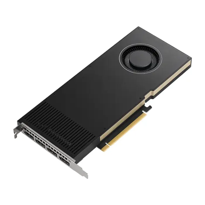 Carte graphique PNY NVIDIA RTX A4000 en vue avant gauche avec connecteurs DisplayPort apparents