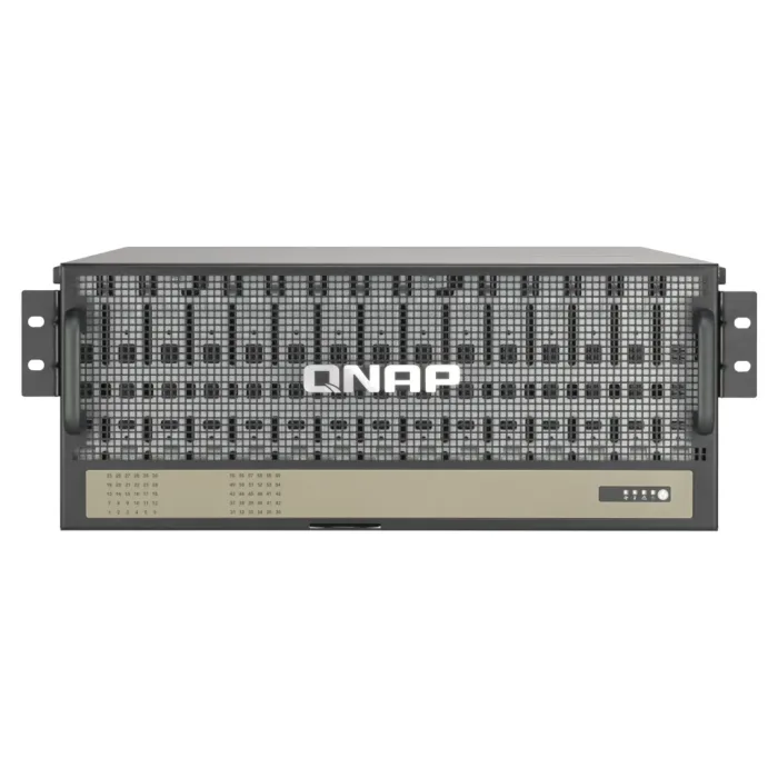 Boîtier JBOD QNAP TL-R6020Sep-RP vue avant, 60 baies disques 3,5” SATA, châssis rack 4U pour stockage haute densité