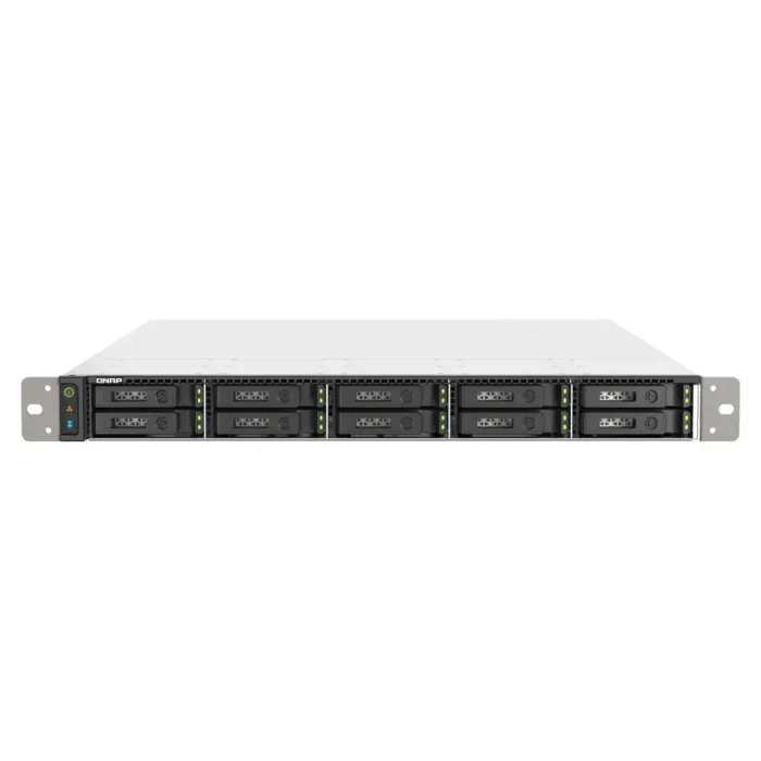 NAS QNAP TS-h1090FU-7232P-64G vue avant, 10 baies 2,5” U.2/SATA, châssis rack 1U compact