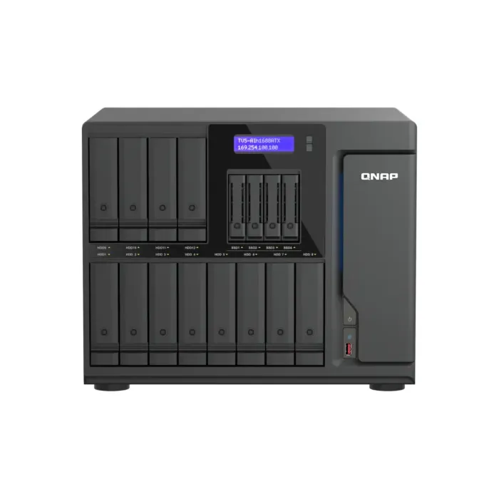 NAS QNAP TVS-AIh1688ATX-U9-48G face avant avec 12 baies 3.5 pouces et 4 emplacements 2.5 pouces NVMe NAS QNAP TVS-AIh1688ATX-U9-48G face avant avec 12 baies 3.5 pouces et 4 emplacements 2.5 pouces NVMe