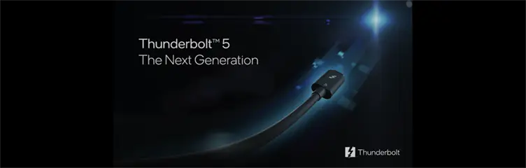 Illustration de la connectivité Thunderbolt 5 avec support 8K et stockage ultra-rapide, destinée aux professionnels de la création et de la performance informatique