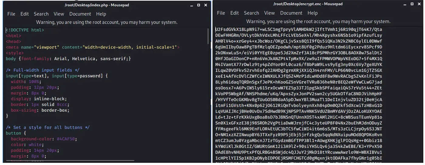Éditeur de code affichant un script et un fichier chiffré illustrant l’usage d’un algorithme de chiffrement comme AES