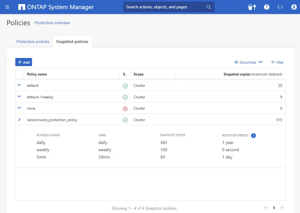 Interface NetApp ONTAP illustrant des politiques de snapshots, de rétention et de protection immuable contre les ransomwares
