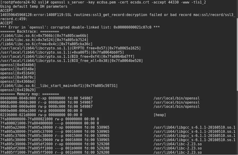 Capture d’écran d’une session OpenSSL illustrant des erreurs de déchiffrement et de négociation TLS
