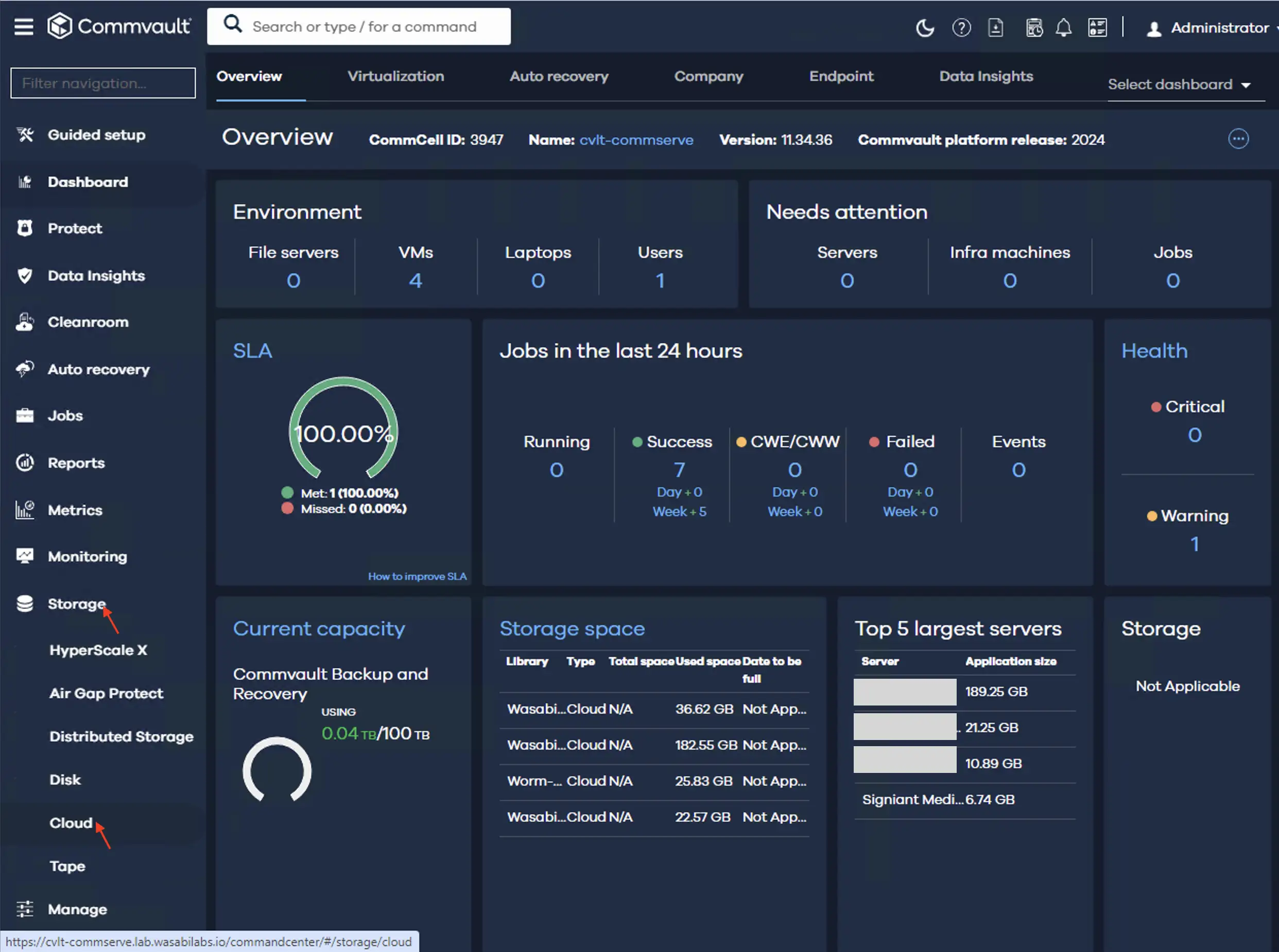Tableau de bord Commvault illustrant la mise en œuvre concrète du chiffrement dans une solution de sauvegarde professionnelle