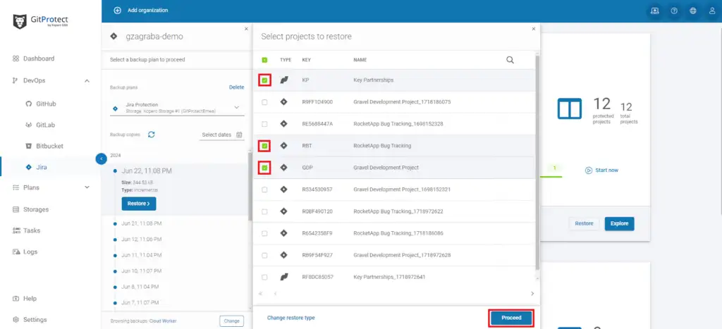 Interface GitProtect illustrant une procédure de restauration et les étapes critiques associées aux bonnes pratiques de sauvegarde