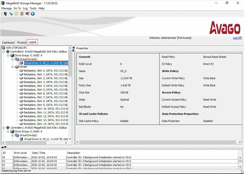 Interface MegaRAID Storage Manager affichant un volume RAID 6, les disques physiques et les propriétés du groupe de stockage