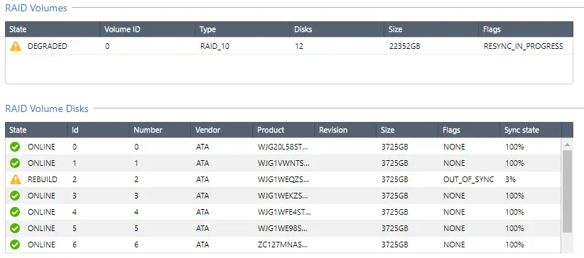 Interface RAID affichant un volume RAID 10 dégradé avec reconstruction en cours