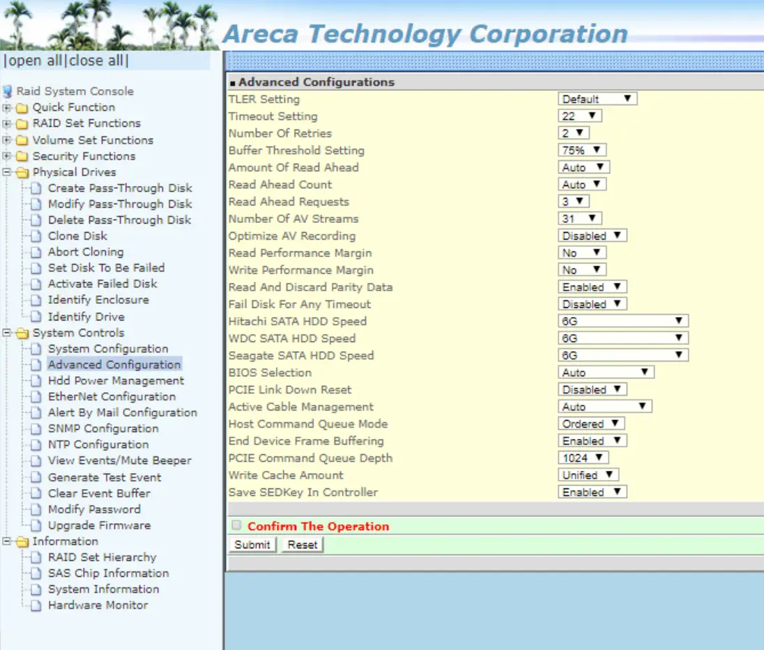 Interface de configuration avancée d’un contrôleur RAID matériel Areca en environnement serveur