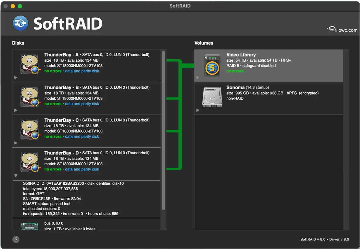 Interface de gestion RAID logiciel SoftRAID montrant la création et l’administration de volumes RAID