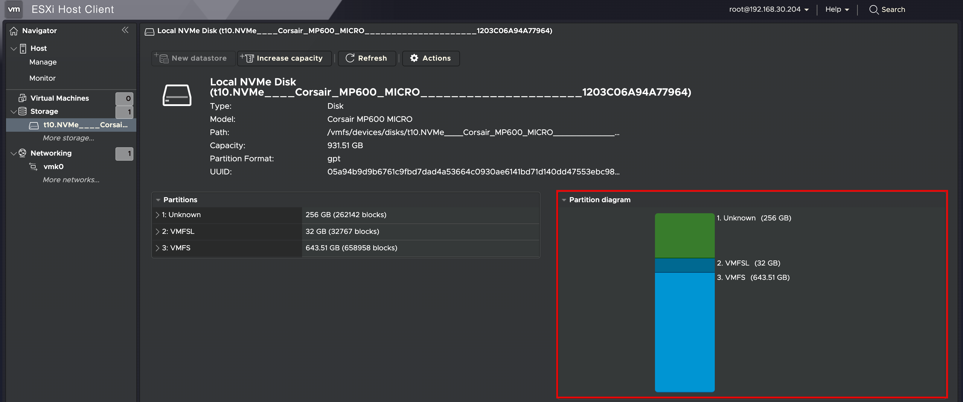 Vue ESXi montrant un volume logique unique issu d’un RAID matériel