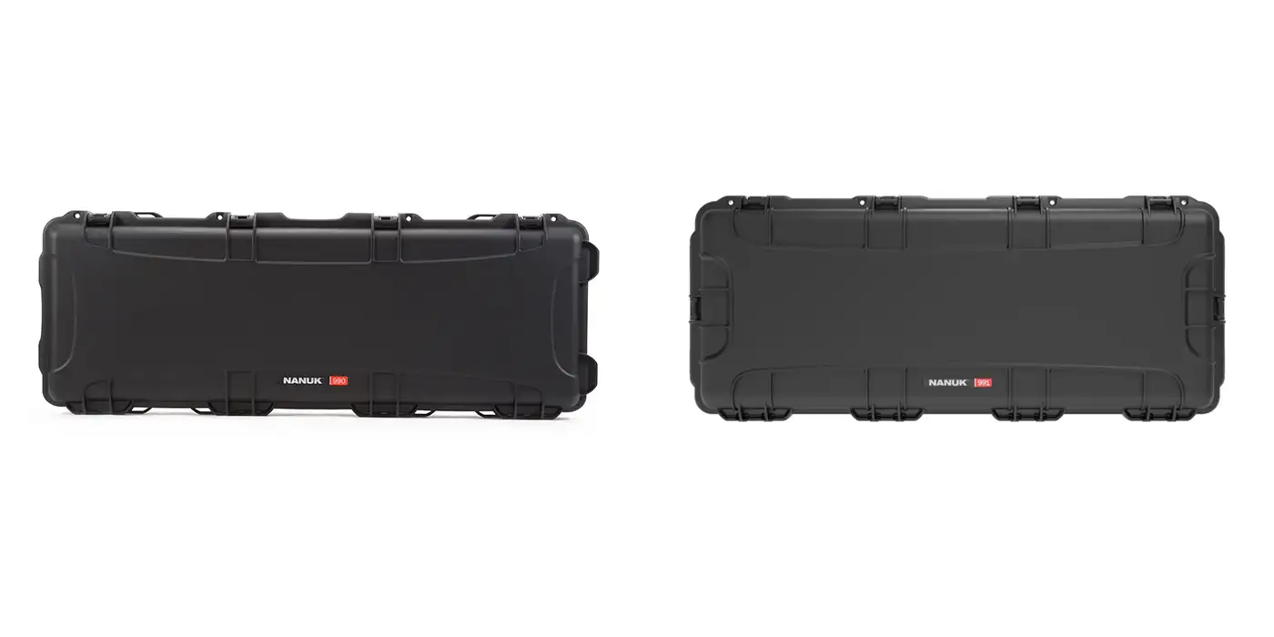 Valises longues de protection NANUK 990 et NANUK 991 noires vues de 3/4